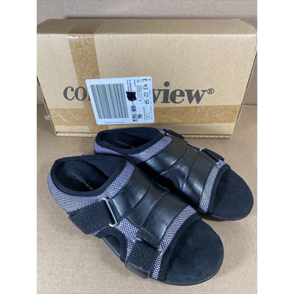 Women's Size 7 Comfort View Roamans Sandals Black Comfort Slide On‎ NIB